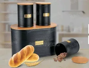 Black Ribbed Tea Coffee Sugar Set Canister With Bread Bin