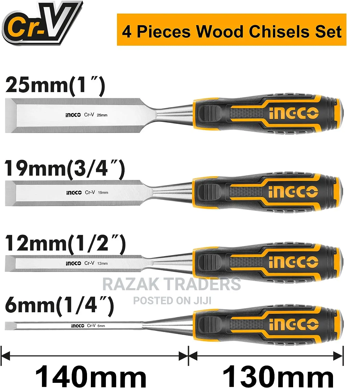 INGCO 4pcs Wood Chisel Set Woodworking 6/12/19/25mm