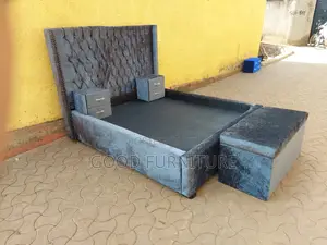 Lovely Grey 5X6 Bed With a Storage Puff and Two Bedsides