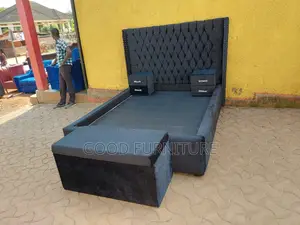 Beautiful Black 5X6 Bed With Two Bedsides and Storage Puff