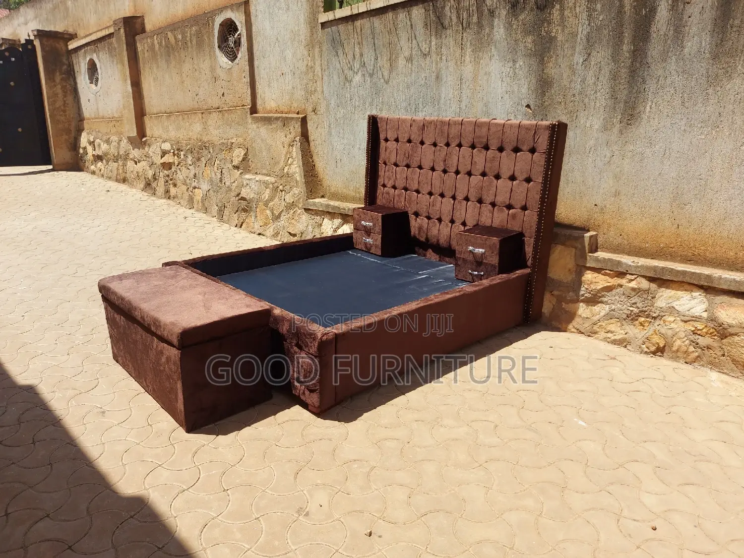 Adorable Brown 5X6 Bed With Storage Puff and Two Bedsides