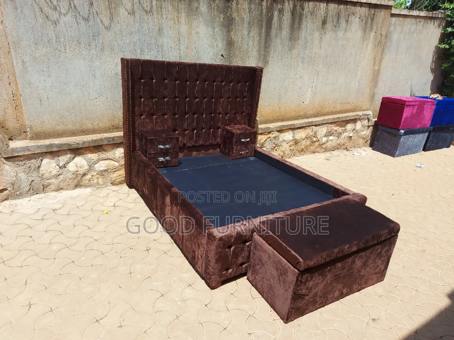 Adorable Brown 5X6 Bed With Storage Puff and Two Bedsides