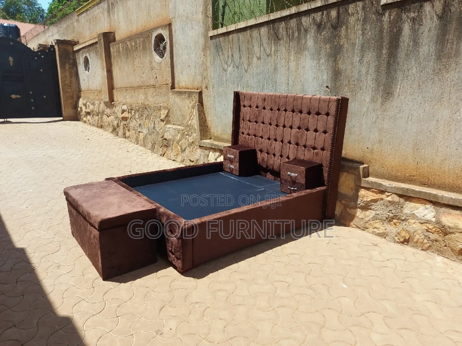 Adorable Brown 5X6 Bed With Storage Puff and Two Bedsides