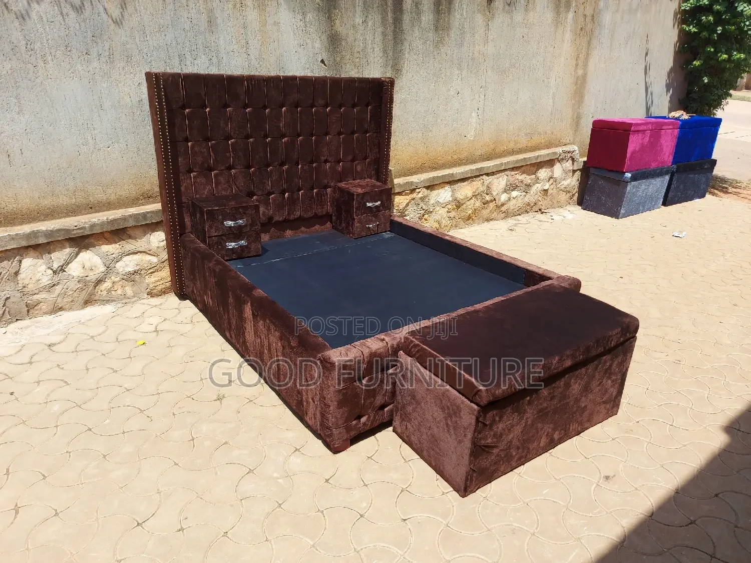 Adorable Brown 5X6 Bed With Storage Puff and Two Bedsides