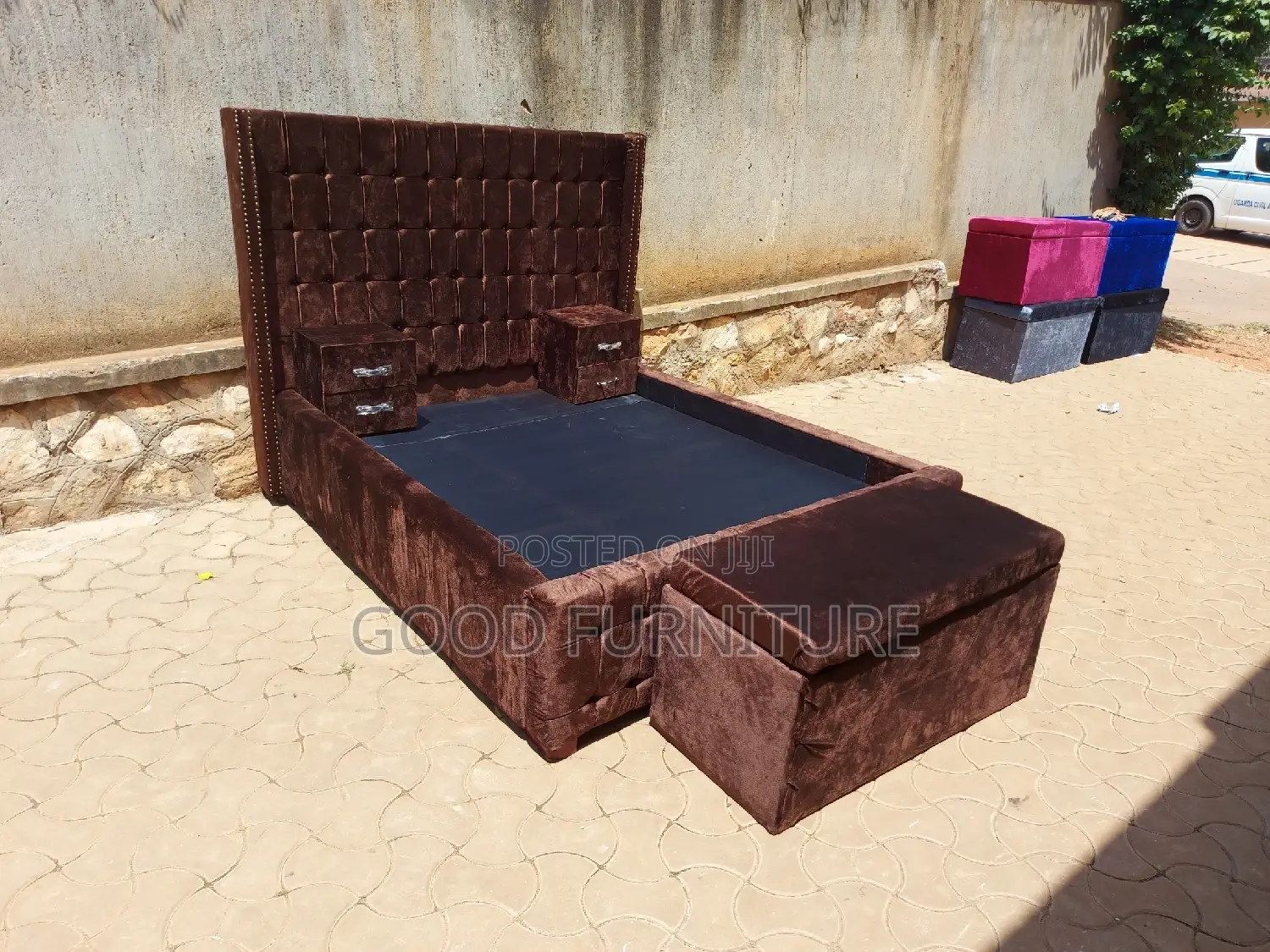 Adorable Brown 5X6 Bed With Storage Puff and Two Bedsides