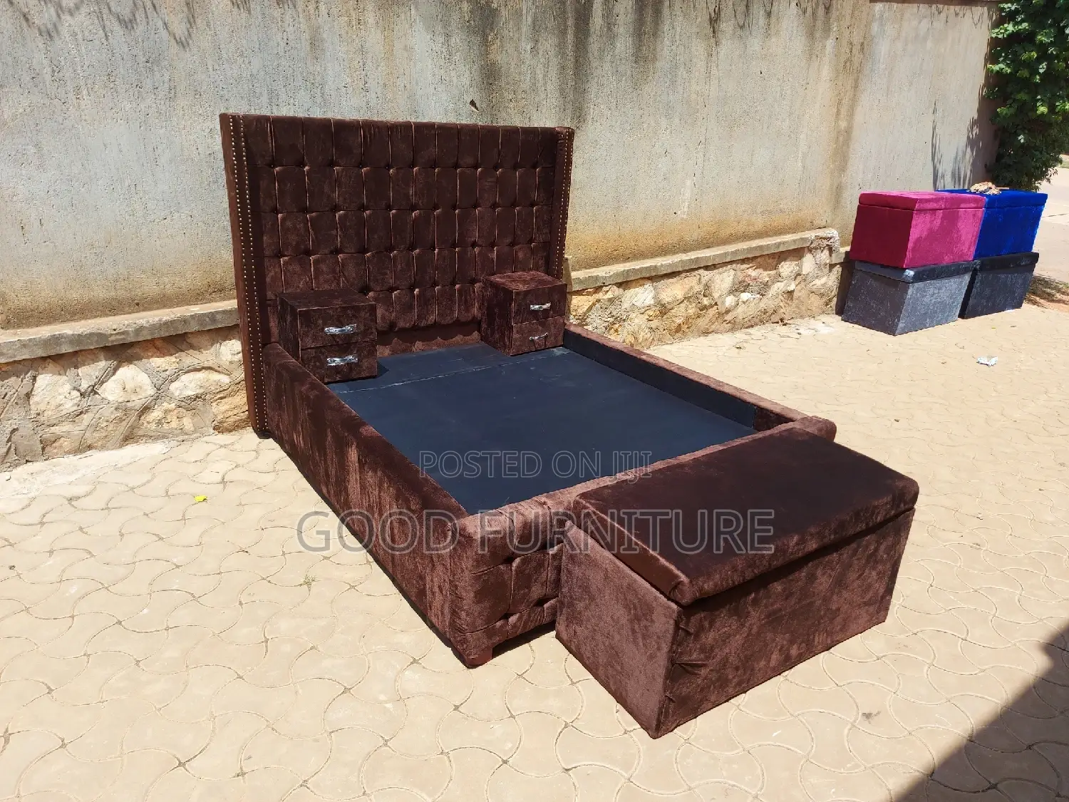 Adorable Brown 5X6 Bed With Storage Puff and Two Bedsides