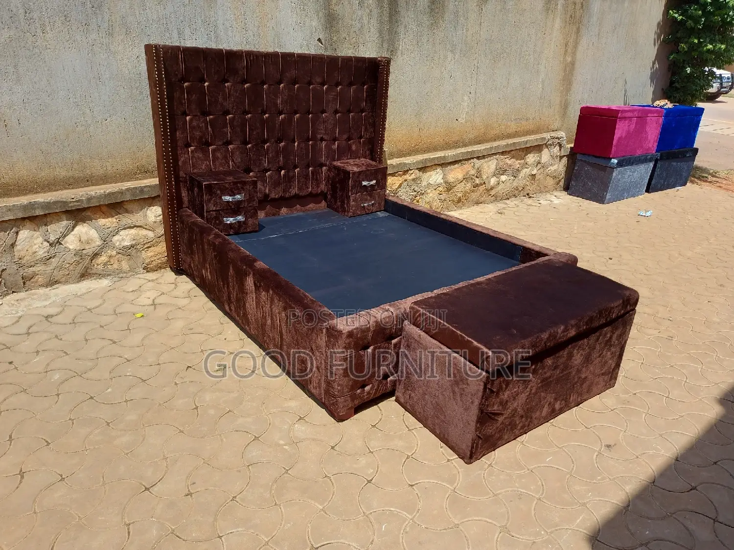 Adorable Brown 5X6 Bed With Storage Puff and Two Bedsides
