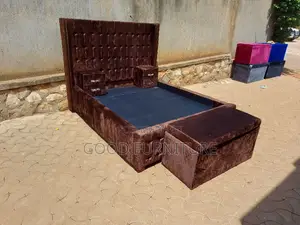 Adorable Brown 5X6 Bed With Storage Puff and Two Bedsides