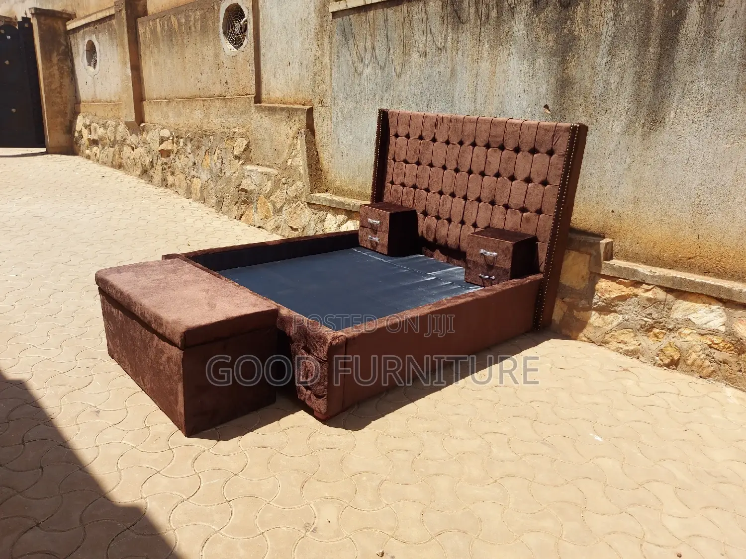 Adorable Brown 5X6 Bed With Storage Puff and Two Bedsides