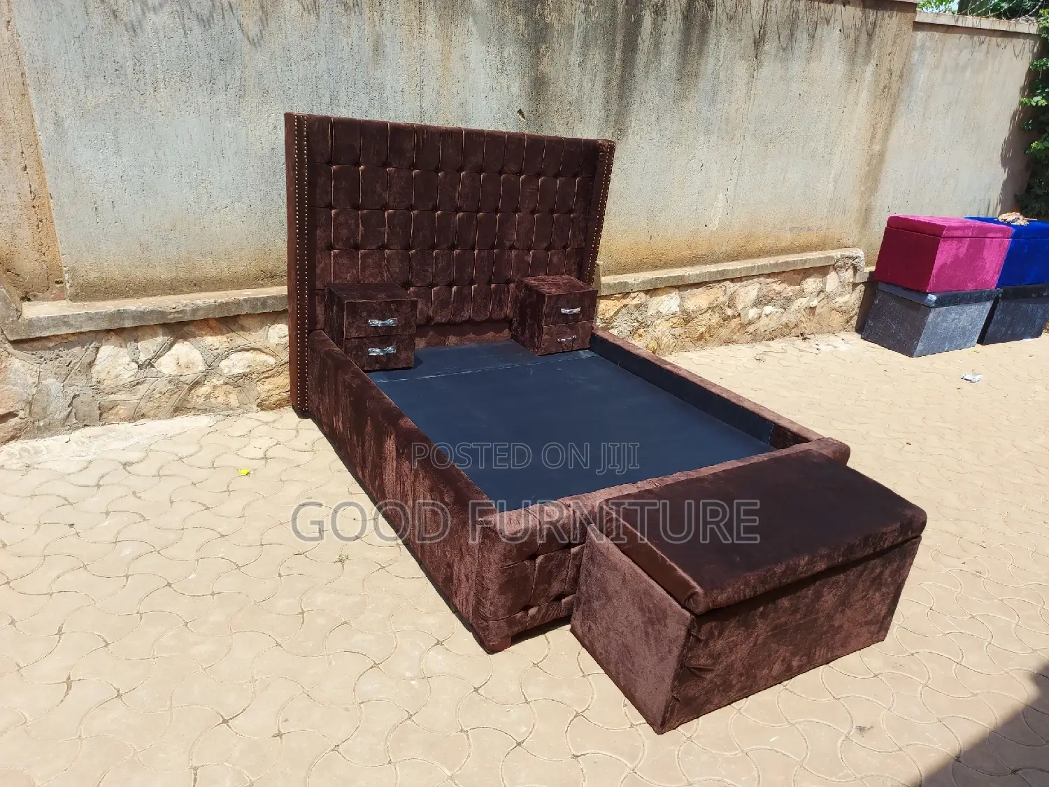Adorable Brown 5X6 Bed With Storage Puff and Two Bedsides