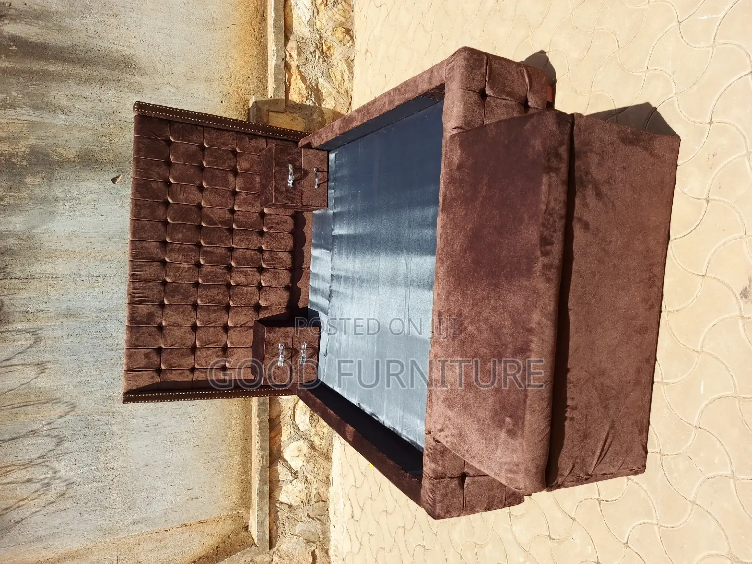 Adorable Brown 5X6 Bed With Storage Puff and Two Bedsides