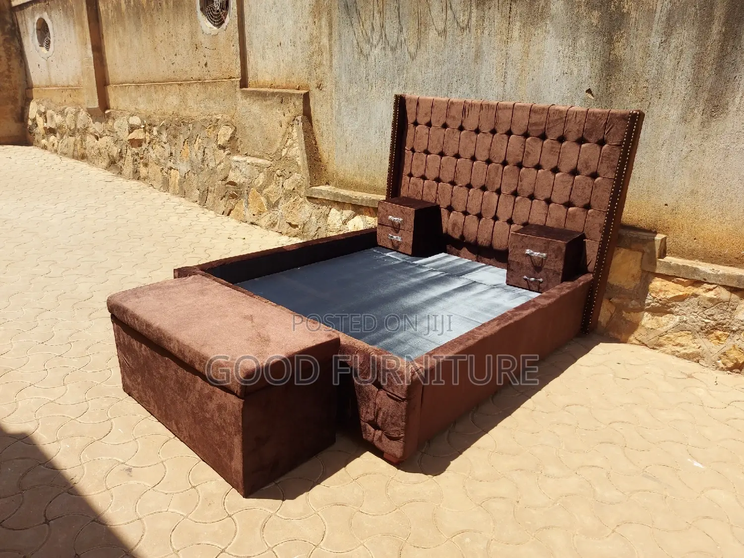 Adorable Brown 5X6 Bed With Storage Puff and Two Bedsides