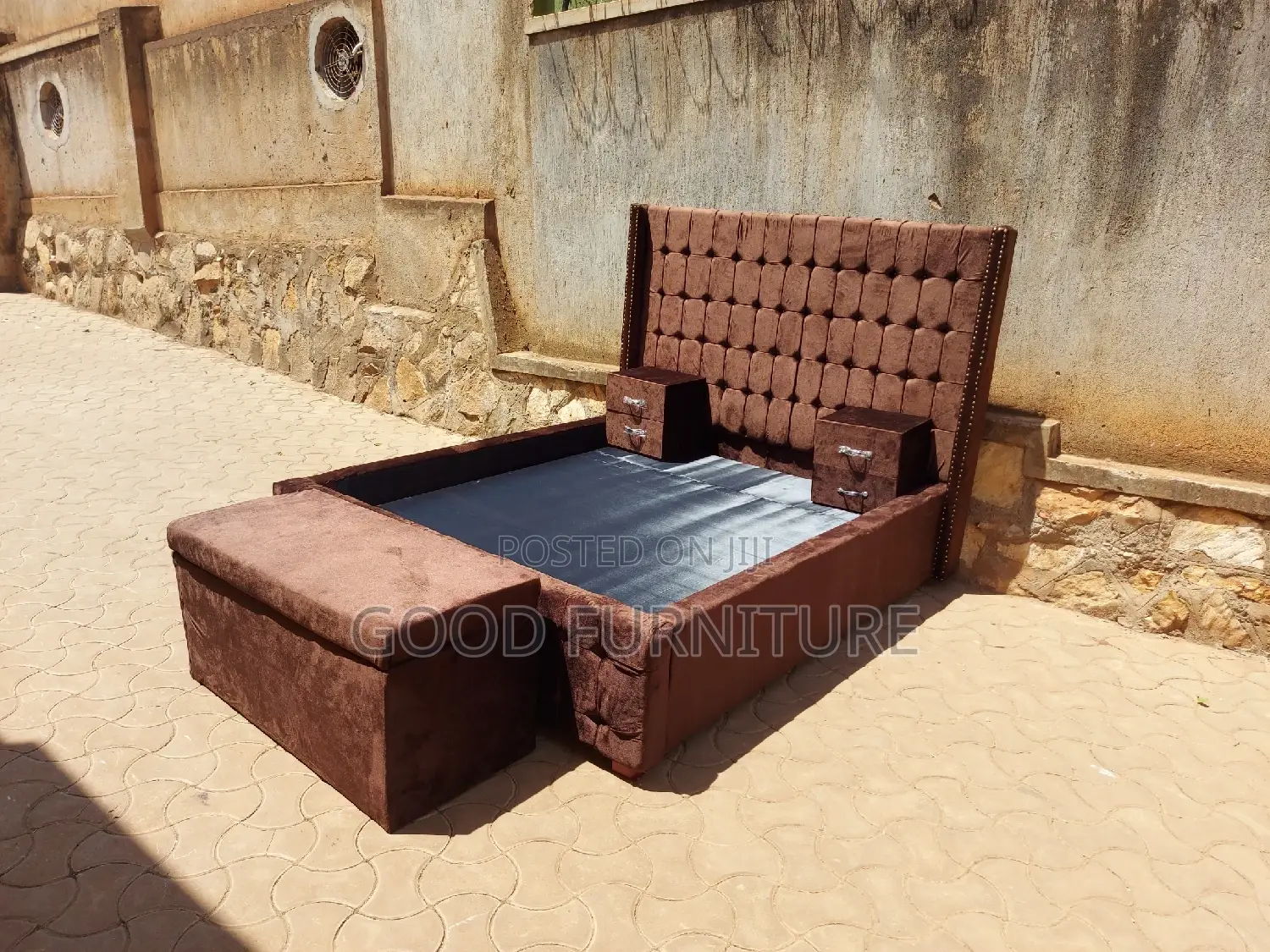 Adorable Brown 5X6 Bed With Storage Puff and Two Bedsides