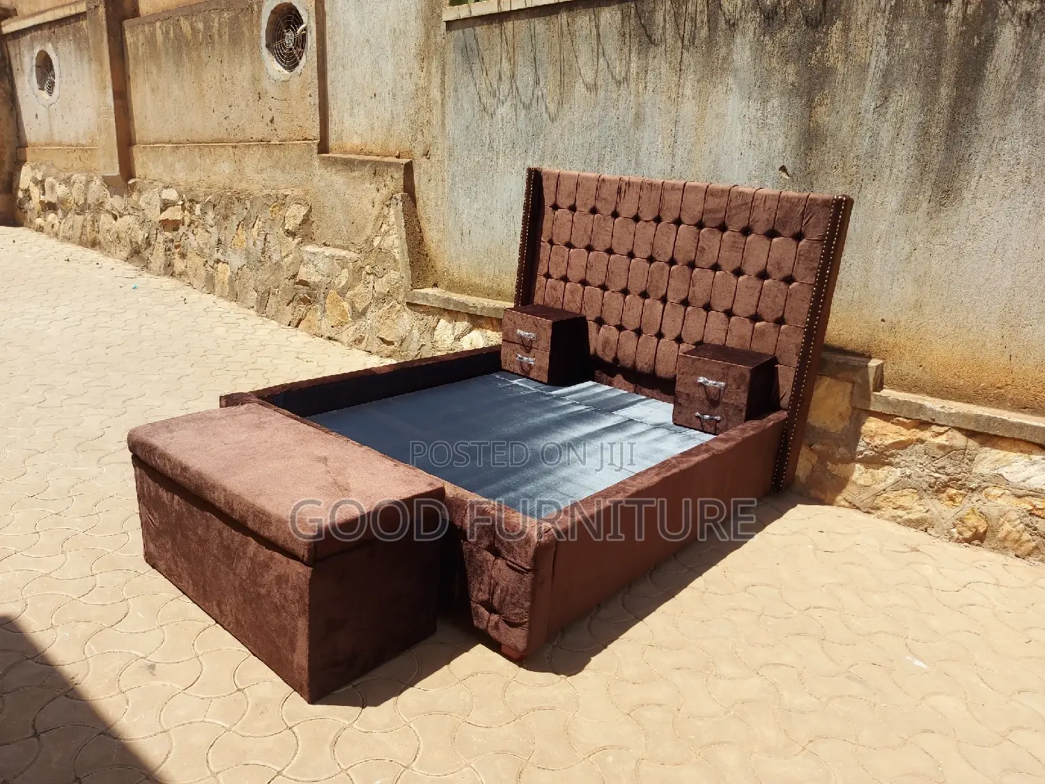 Adorable Brown 5X6 Bed With Storage Puff and Two Bedsides