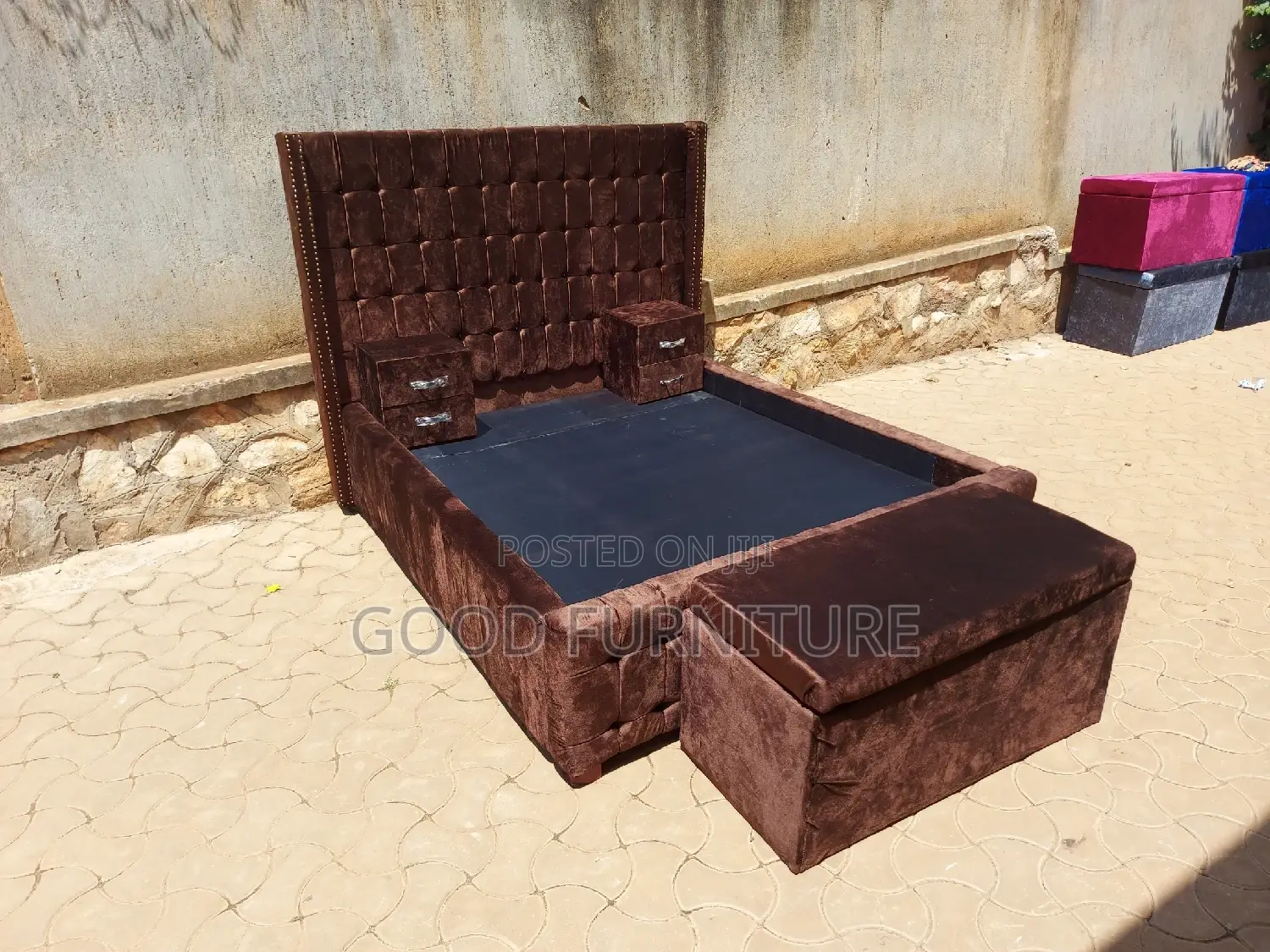 Adorable Brown 5X6 Bed With Storage Puff and Two Bedsides