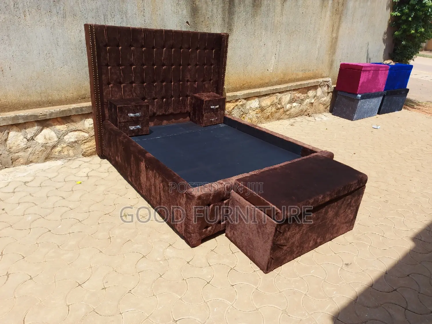 Adorable Brown 5X6 Bed With Storage Puff and Two Bedsides