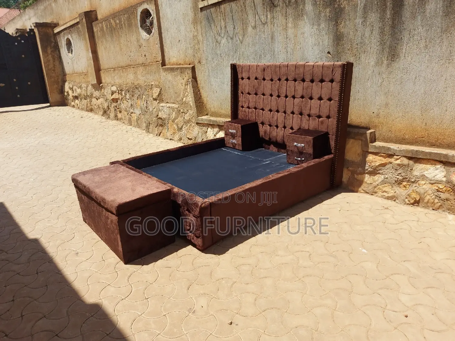 Adorable Brown 5X6 Bed With Storage Puff and Two Bedsides