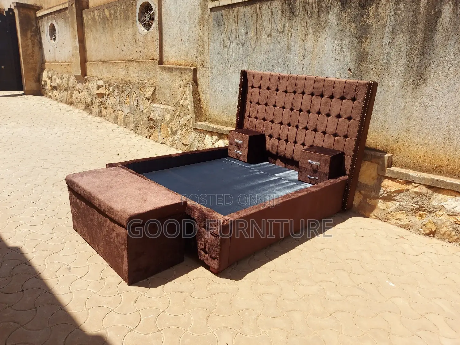Adorable Brown 5X6 Bed With Storage Puff and Two Bedsides
