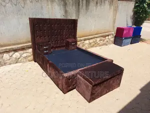 Adorable Brown 5X6 Bed With Storage Puff and Two Bedsides
