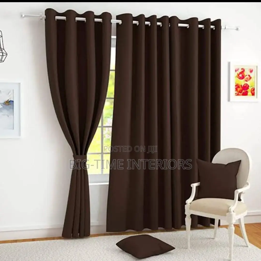 3pcs Plain Curtains With Net- Brown