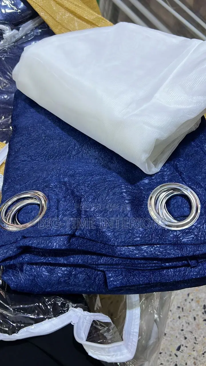 3pcs Plain Blue Curtains With Net