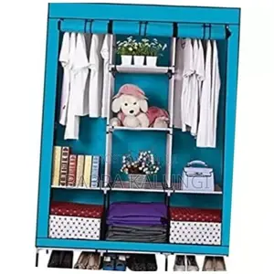 3 Column Cloth Frame Portable Wardrobe_ Blue