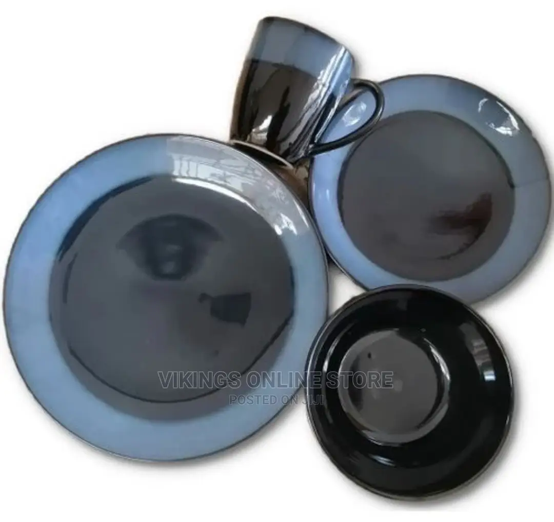24pcs of Blue Rim Plates, Bowls, Cups Dinner Set – Black
