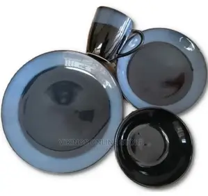 24pcs of Blue Rim Plates, Bowls, Cups Dinner Set – Black