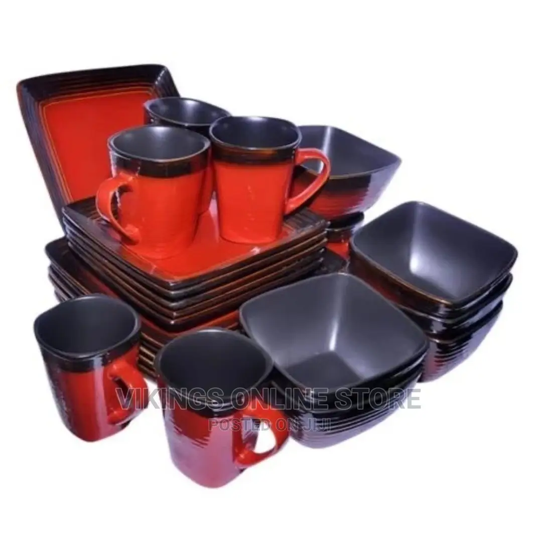 24 Piece Square Plates,Bowls,Cups Dinner Set,Red