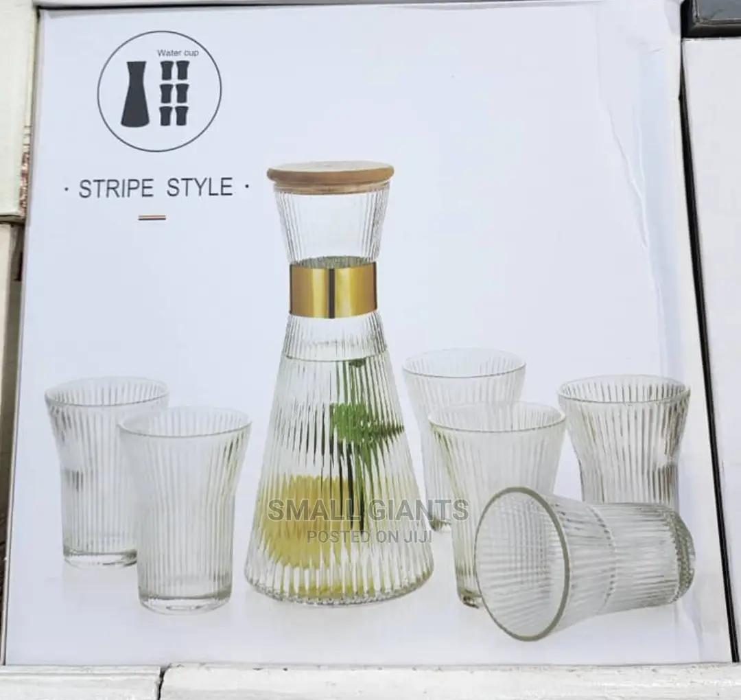 Ribbed Glass Set, Elegant Water Carafe With Gold Decoration