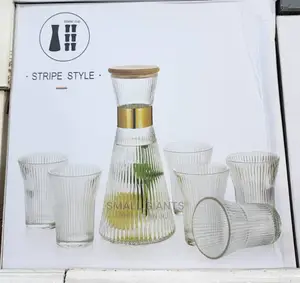 Ribbed Glass Set, Elegant Water Carafe With Gold Decoration