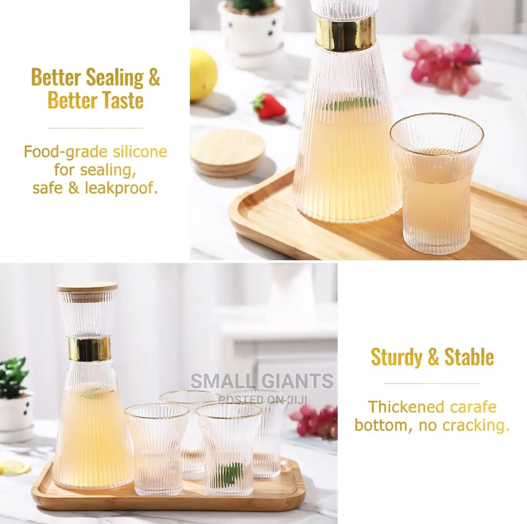 Ribbed Glass Set, Elegant Water Carafe With Gold Decoration