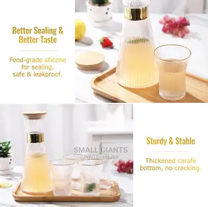 Ribbed Glass Set, Elegant Water Carafe With Gold Decoration