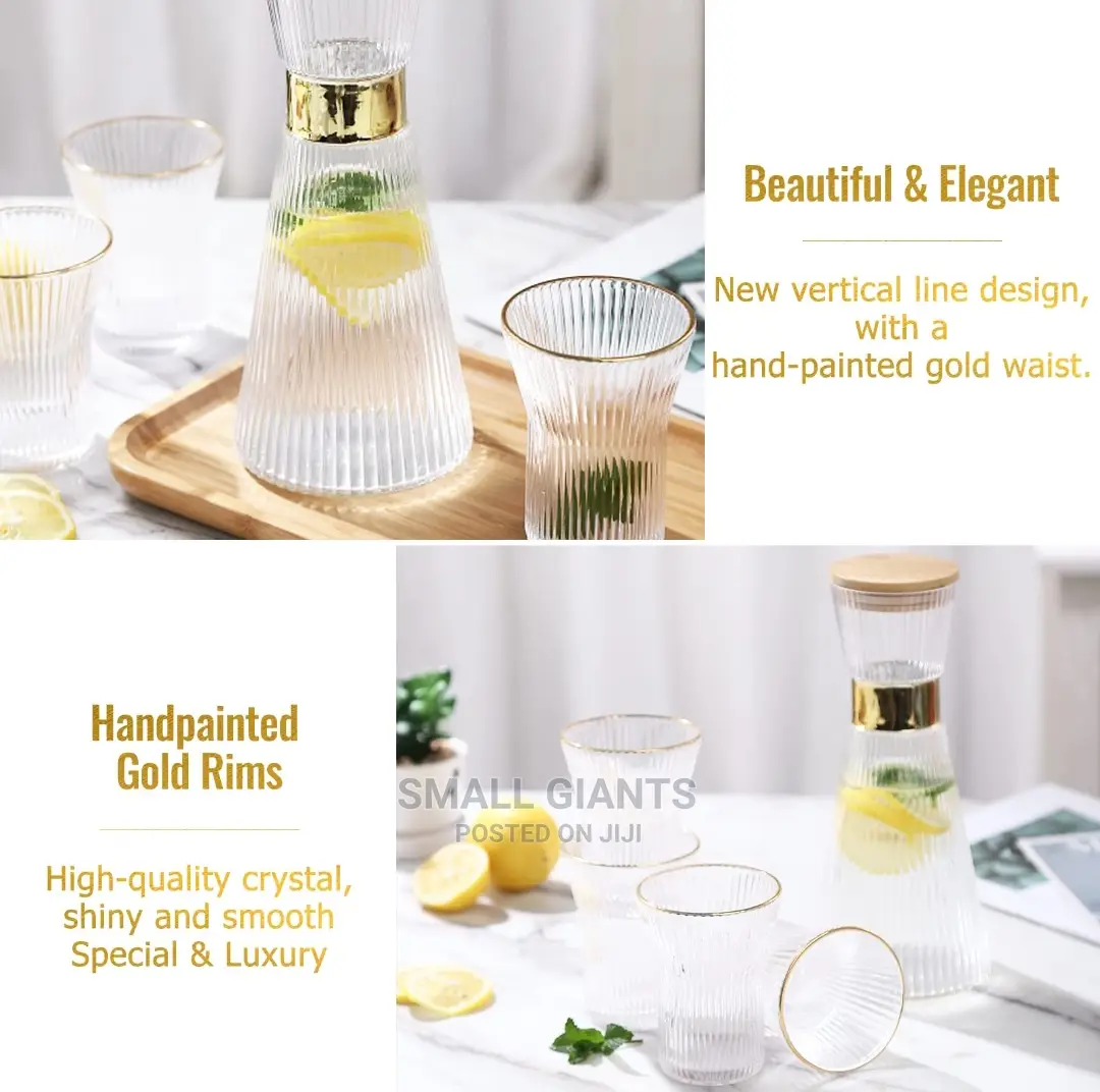 Ribbed Glass Set, Elegant Water Carafe With Gold Decoration
