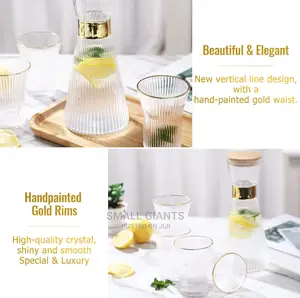Ribbed Glass Set, Elegant Water Carafe With Gold Decoration
