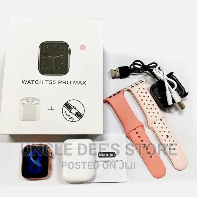 Watch T55 Pro Smart Watch With Airpods (2 Wrist Straps)