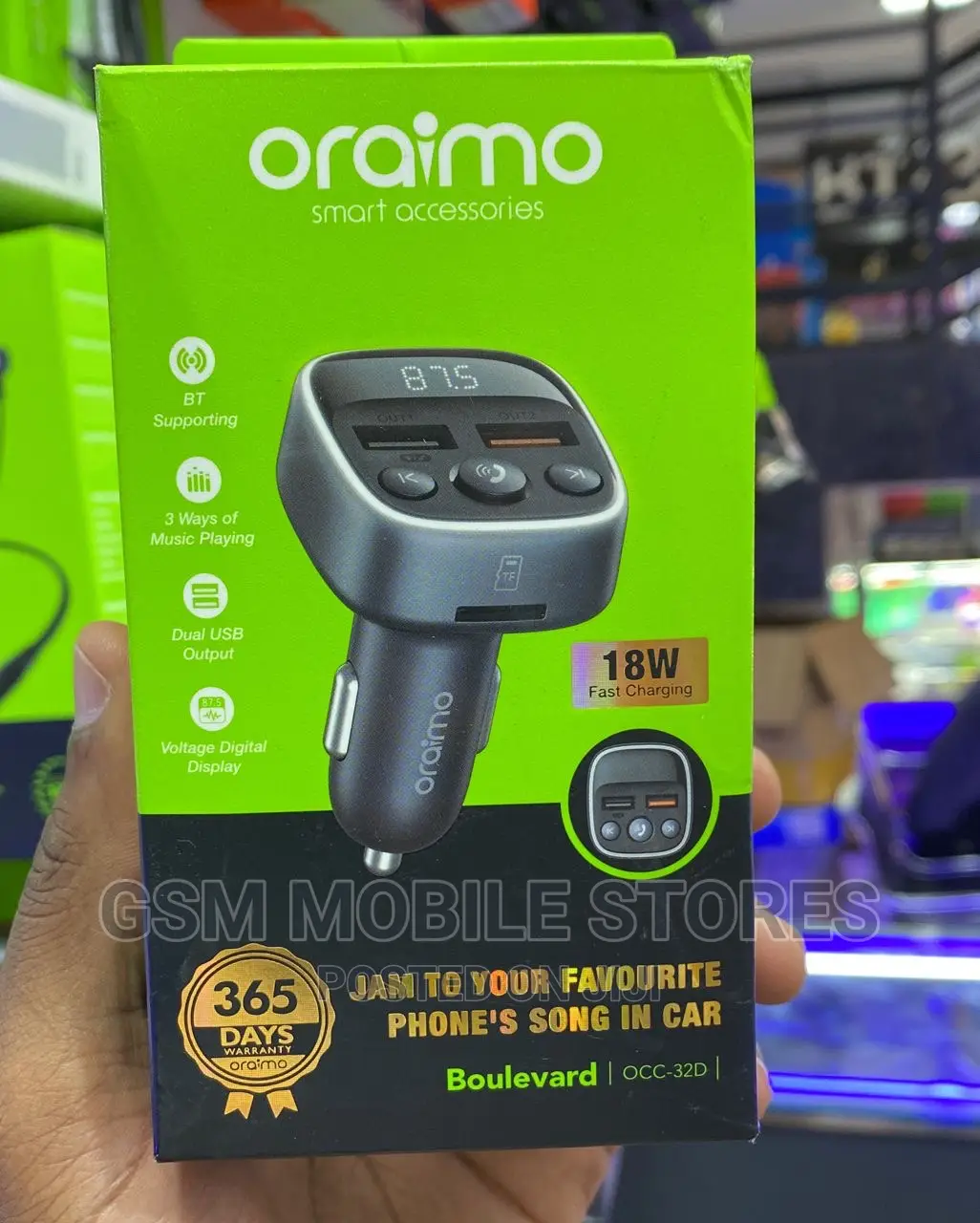 Oraimo Car MP3 18W Fast Charge BT Music Play Dual USB Output