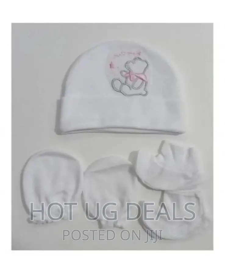 A Set of Baby Cap Mittens Socks - White Multiple Designs