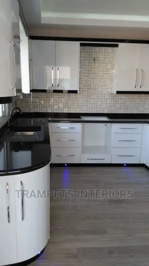Kitchen Cabinets White and Black Galaxy Work Top