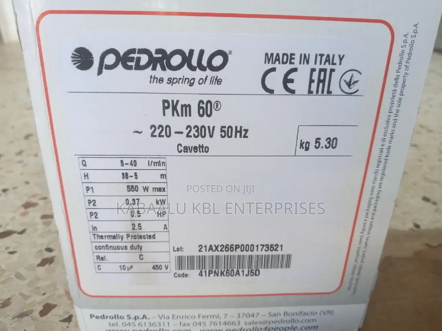Pedrollo Italy Surface Booster Water Pump 0.5HP