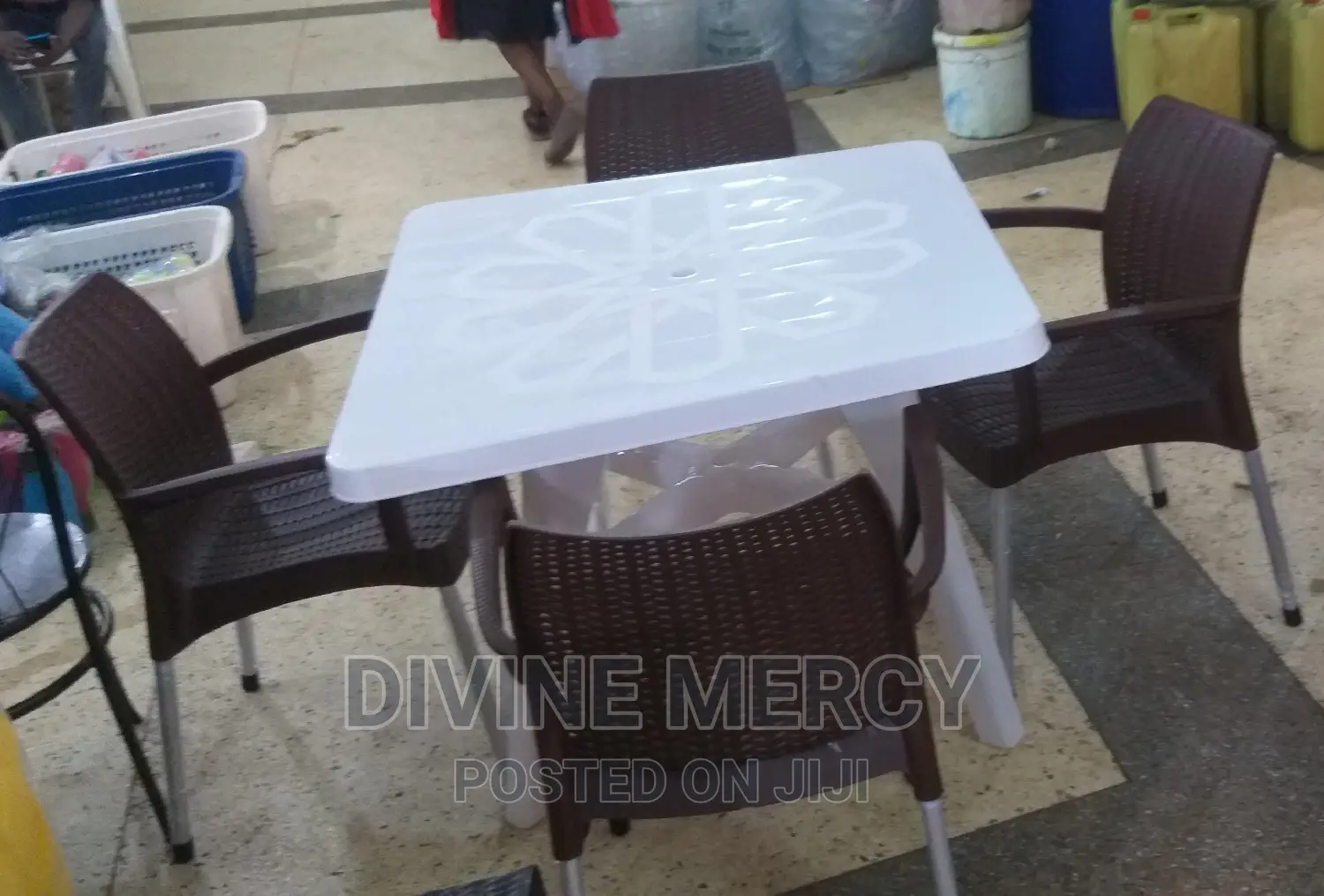 Aset of Square Table and Steel Legs Armed Chairs