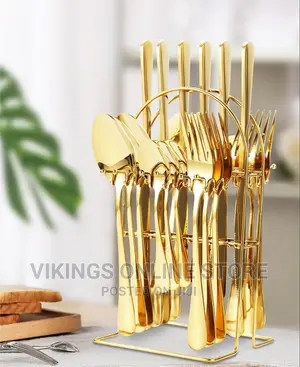 Set of Gold Cutlery With Stand