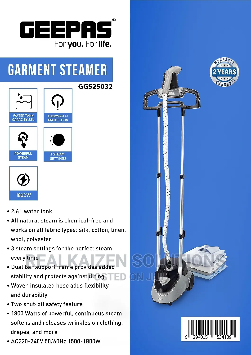 GEEPAS 2.6L 3-Steam Settings Garment Steamer 1800W