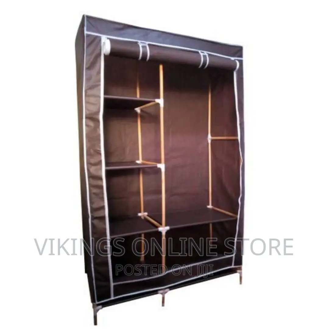 2 Column Cloth Wooden Frame Portable Wardrobe - Brown