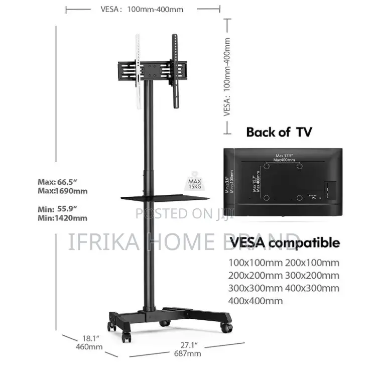 Movable Mobile TV Cart Trolley Stand Adjustable With Wheels