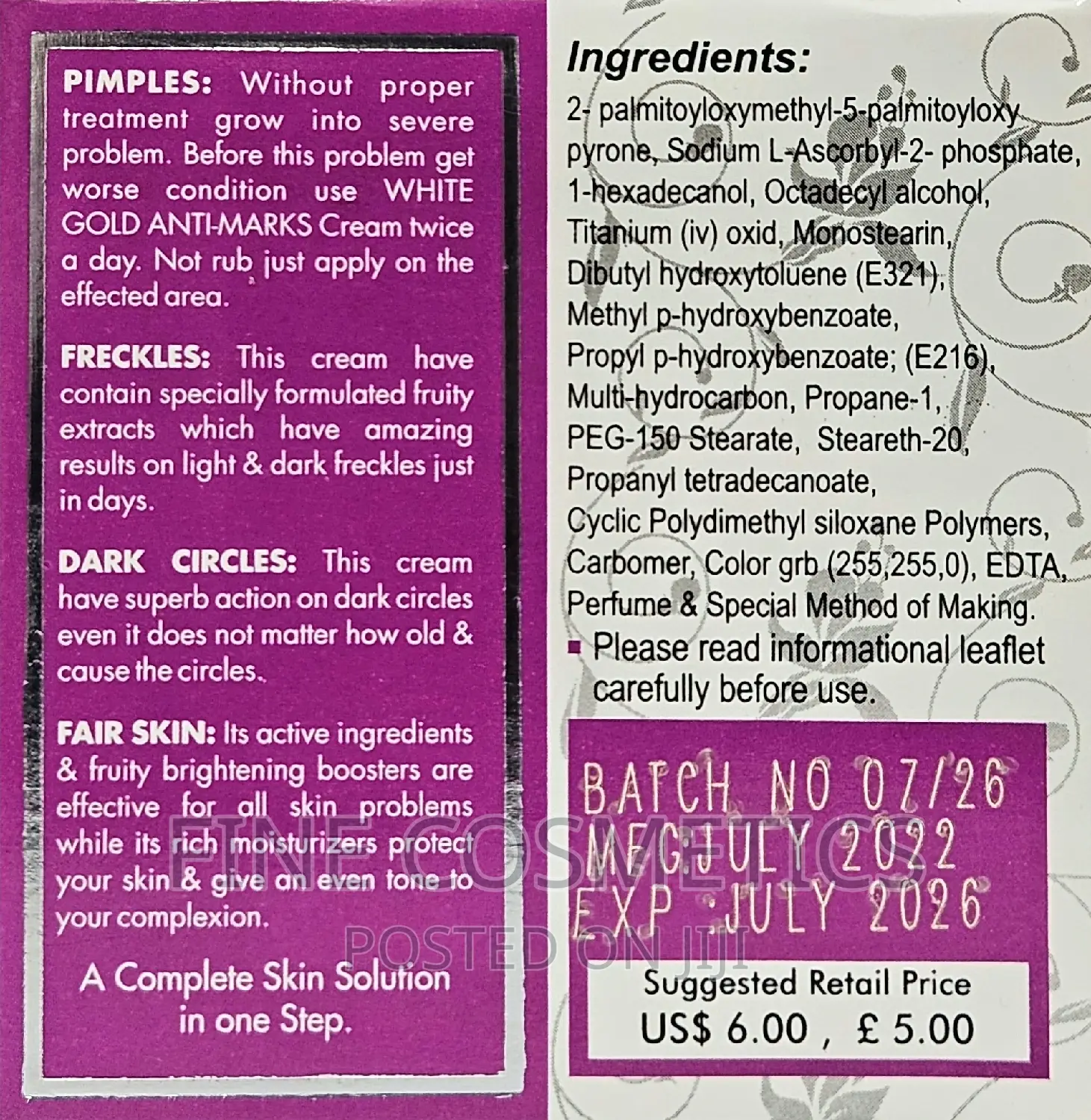 White Gold, Pimples And Blackspots Remover Brightening Cream