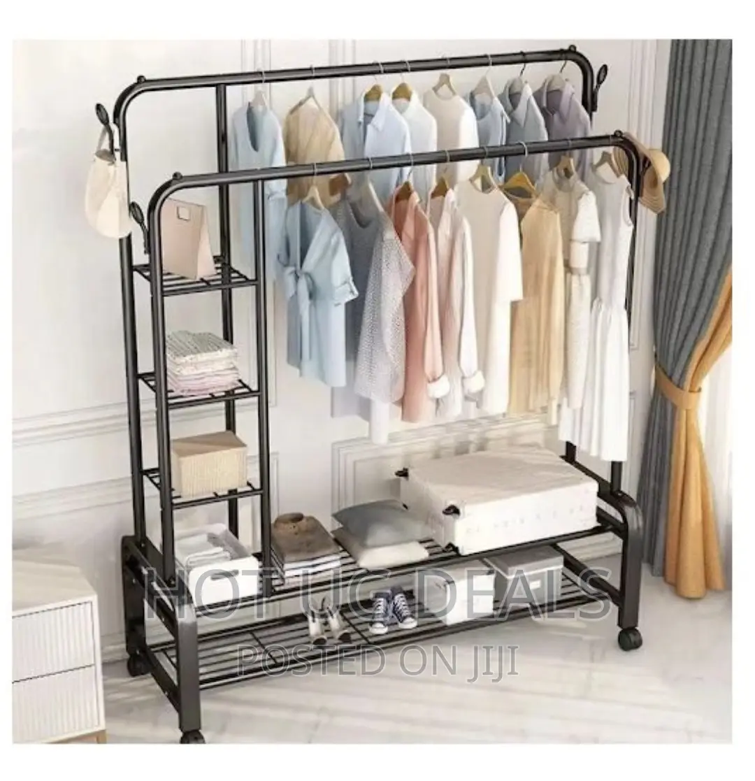 Double Pole Coat Rack Standing Storage Organizer With Hooks