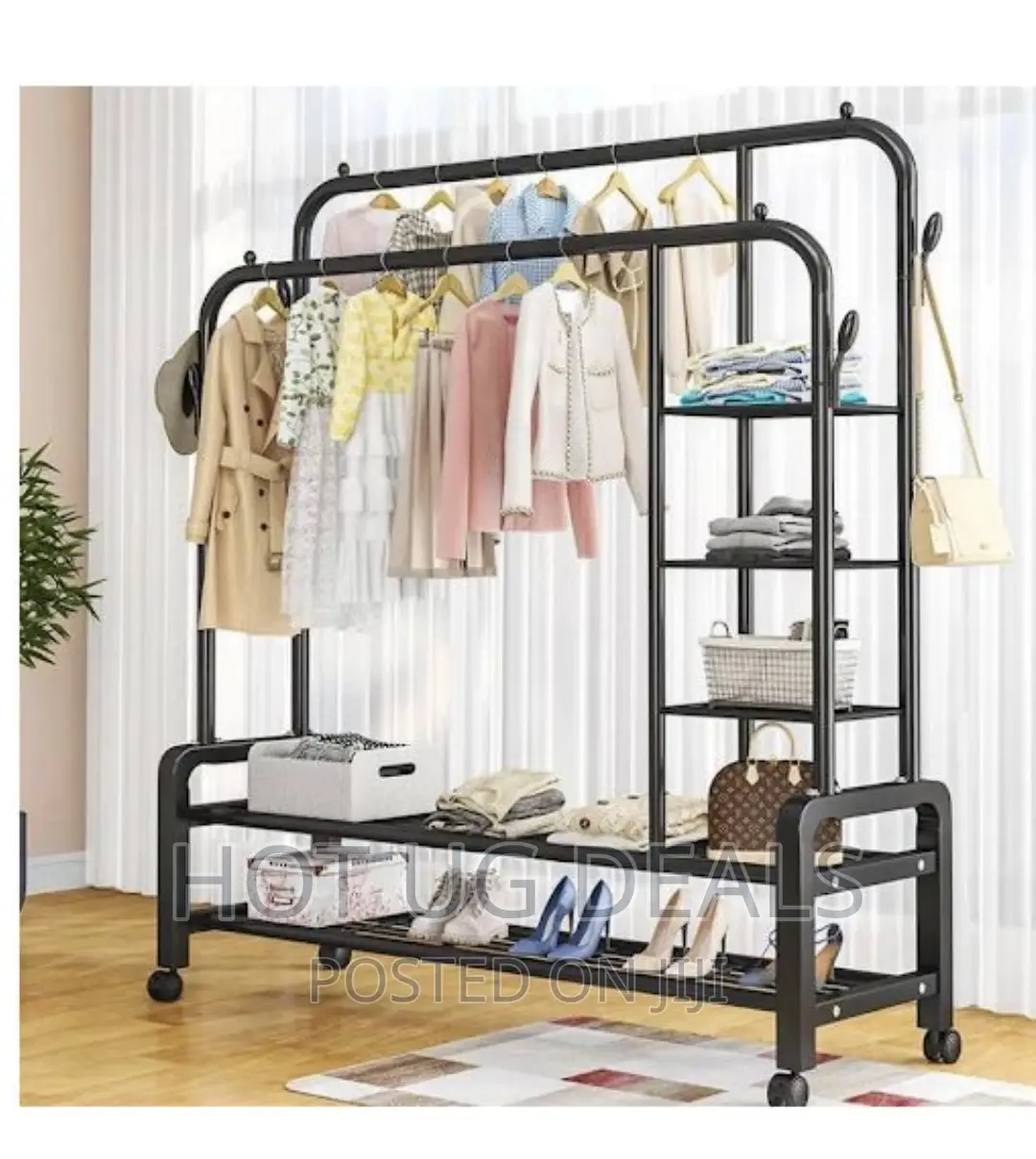 Double Pole Coat Rack Standing Storage Organizer With Hooks