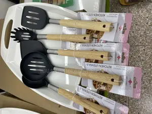 5pc Set Silicone Serving Spoons With Wooden Handle
