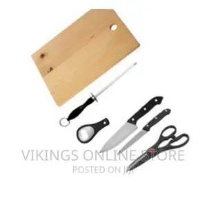 A Set of Kitchen Knives and a Wooden Chopping Board-Black